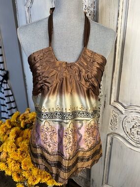 Speed Limit NYC Brown Satin Halter Paisley Print Tank Top